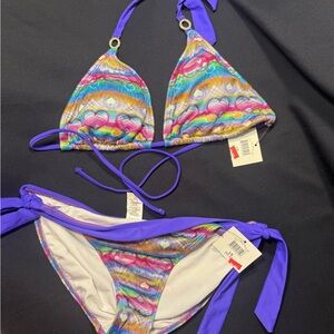 Y2K vintage OP Rainbow Multi Color Bikini Swimsuit Set Hearts Size Large NEW